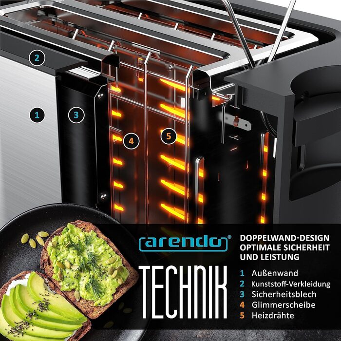 Arendo - 2-Slice Stainless Steel Toaster - Touch Panel - Digital Display with Remaining Time - 800 W – Double-Walled Housing – with Bagel Attachment – 7 Browning Levels – Bread Slice Centering - Silver B: Silver