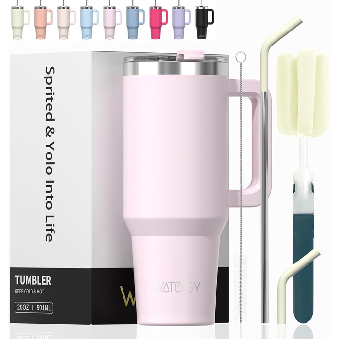 Термокружка WATERSY 40oz з нержавіючої сталі, 591 мл, з подвійними стінками, з ручкою та трубочкою, для гарячих та холодних напоїв (колір: рожевий)