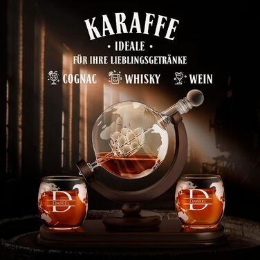 Maverton Whisky Decanter with Engraving - Globe with Ship, 850 ml - 2 Whisky Glasses Set - Whisky Decanter - Christmas Gifts - Personalized Birthday Gift for Men - Engraving