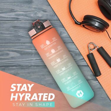 1L Water Bottle - BPA Free Water Bottle with Straw and Time Markers - Water Bottle for Bicycle, Outdoor, School, Running and Gym - Carbonated Drink Suitable (Orange & Light Green with Orange Cap)