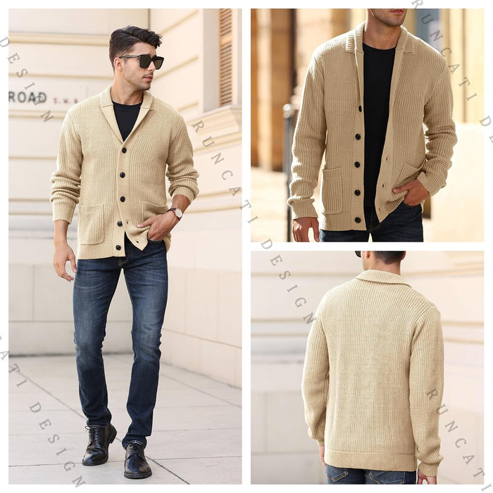 Чоловічий кардиган Runcati з грубого в'язання, великий розмір L, з коміром-шарфом, на ґудзиках, стильний пуловер, хакі