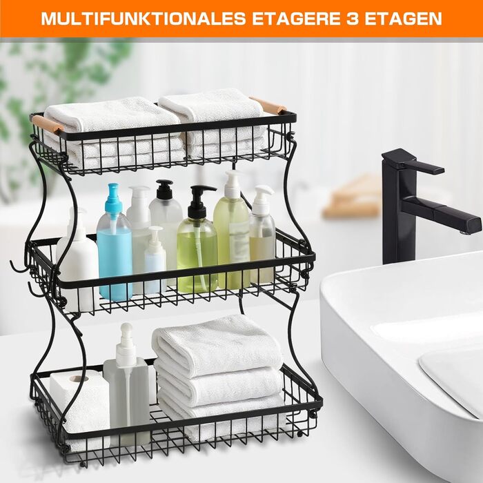 Металева фруктова корзина GMISUN з 3 ярусами та підставкою для бананів, чорна, сучасний дизайн. Підходить для зберігання фруктів, овочів та закусок. Велика місткість, 3 яруси.