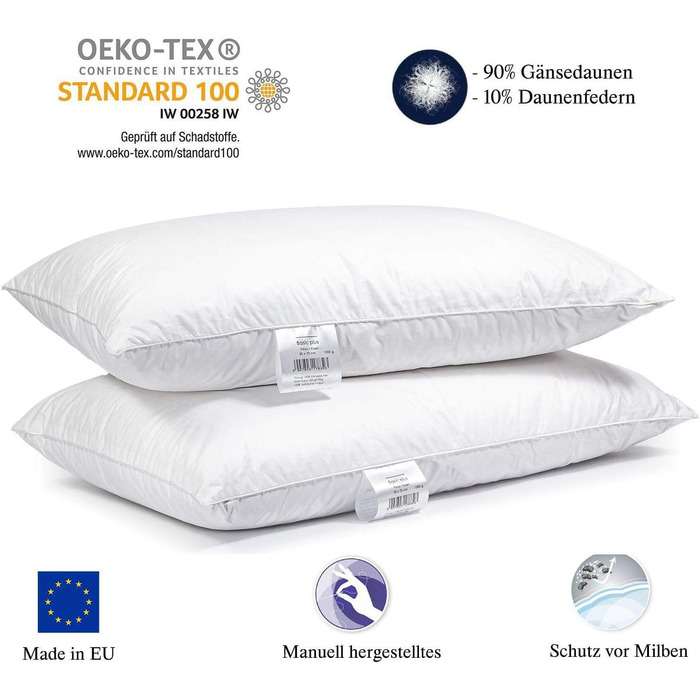 H&F Heimtextilien Premium Quality | Pillow 50x70 cm | 1000 Grams Down, Goose Down | 100% Natural Three-Chamber Pillow | Cover: 100% Cotton | 3-Chamber Down Pillow | Oeko-TEX Certified