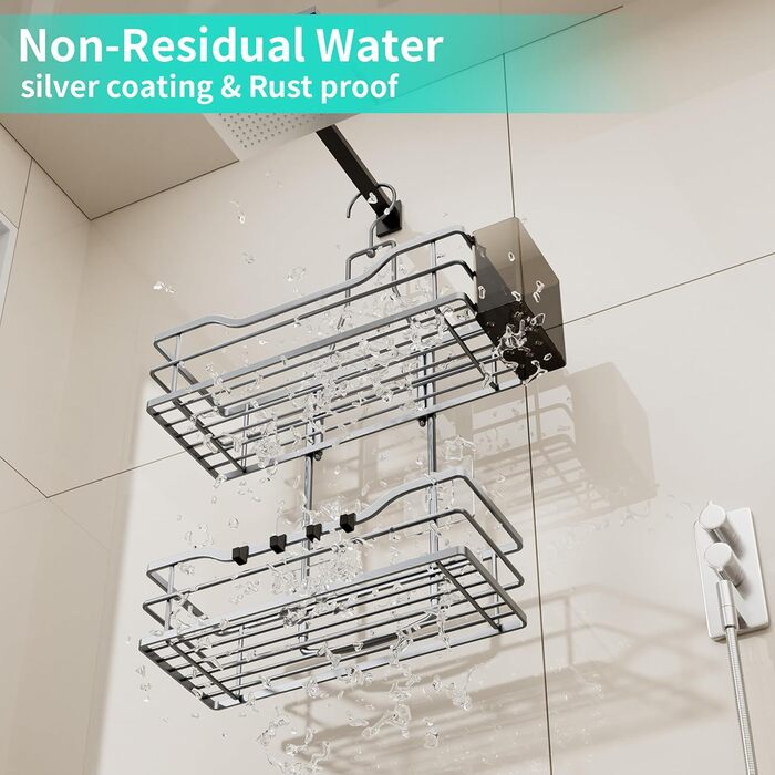 Настінна поличка для душу HapiRm з 4 гачками - поворотна 360°, органайзер для шампуню та мийних засобів, сріблястий