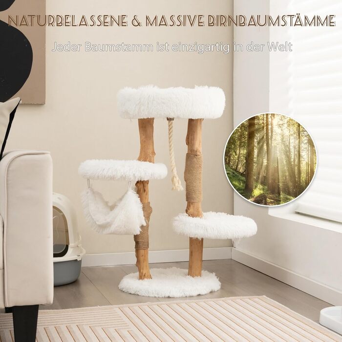 Дерев'яна кігтеточка SOARS для котів з 3-ма природними стовбурами, ліжко та плюшеві поверхні, з іграшковим м'ячиком та джутовим мотузком, багатоярусна, 59 x 49 x 110 см, білий колір