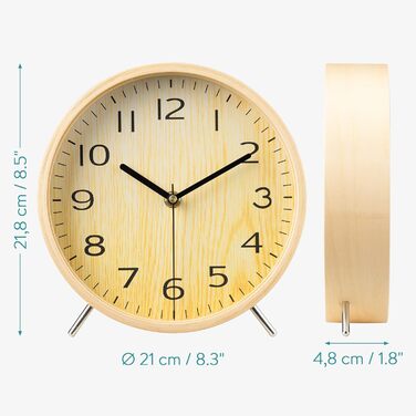 Navaris Analog Wood Table Clock Round - 21.1 x 21.8 x 4.8cm - Analog Decorative Table Clock Without Ticking with Wooden Dial - Quiet Pointer Wooden Clock Light Brown