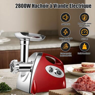 Electric Meat Grinder 2800W 3-in-1 Stainless Steel Meat Grinder with 3 Plates (3mm, 5mm, 7mm) Kubbe Attachment & Sausage Stuffer - 80kg/hr