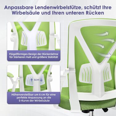 Ергономічне крісло для офісу з регульованою поперековою підтримкою, відкидними підлокітниками, поворотним механізмом і регулюванням висоти, зелене