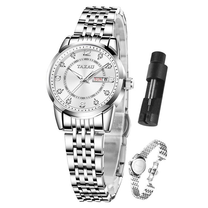 Жіночий годинник з арабськими цифрами, маленьке циферблат, Easy Read, з датою, з нержавіючої сталі, водостійкий, сріблястий браслет, біле циферблат (8102g)