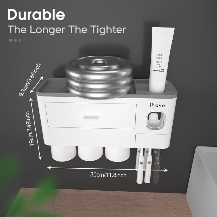 I have a bathroom toothbrush holder, 3-cup toothbrush holder with toothpaste dispenser, bathroom accessories with large storage space, cosmetic drawer, white