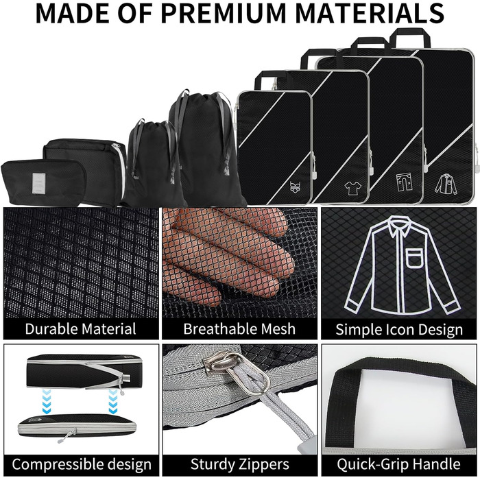 Органайзер для валізи, набір 6 шт. Компресійні кубики для пакування, дорожній органайзер, чорний (8 шт.)