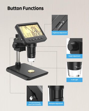 Цифровий мікроскоп AOPICK з LCD екраном, 50X-500X, 4.3 дюйма, 1080P, USB, 8 LED, для дорослих/дітей, сумісний з MacOS/Windows (чорний)
