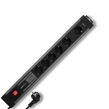Многофункціональна мережева стрічка REV SupraGuard з вимикачем, 2.5м кабелю, захистом від перенапруги та фільтром живлення (чорно-антрацитова, 4+2 розетки)