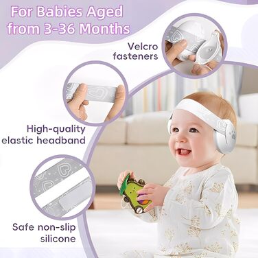 Навушники для захисту від шуму для малюків, сірі. Захист до 25 dB, регульоване антиковзне кріплення до 36 місяців, м'які та легкі.