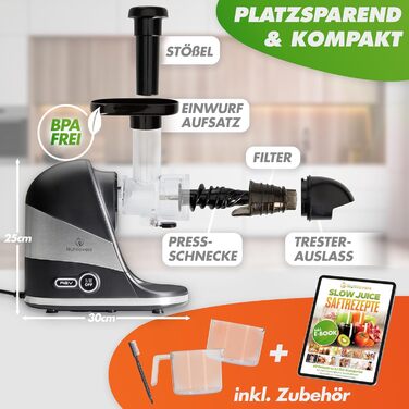 Nutrilovers Slow Juicer Extractor for Fruits and Vegetables - German Brand - Compact Stainless Steel Design, 100% BPA-Free, Easy Cleaning - Includes Recipe E-book + Nutri-App Black Berry (Black)