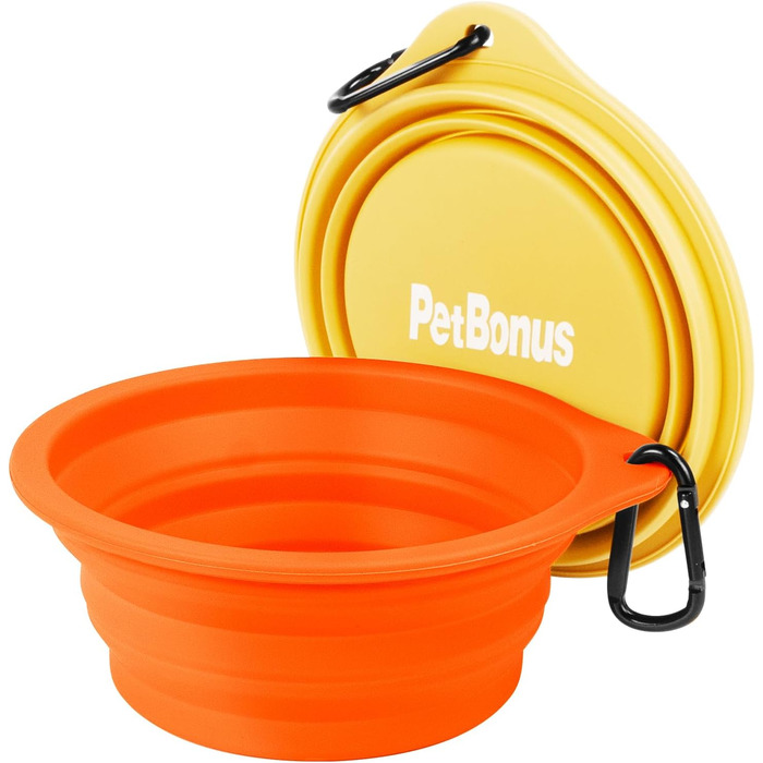 Складані годівниці для собак PetBonus, 2 шт. Силіконові миски для води та корму для собак у подорожах, з карабіном, 1000 мл (Помаранчевий, Жовтий)