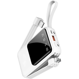 Портативний зарядний пристрій Powerbank 10000mAh з вбудованими кабелями (USB-C) для iPhone, Android, Google Pixel (білий)