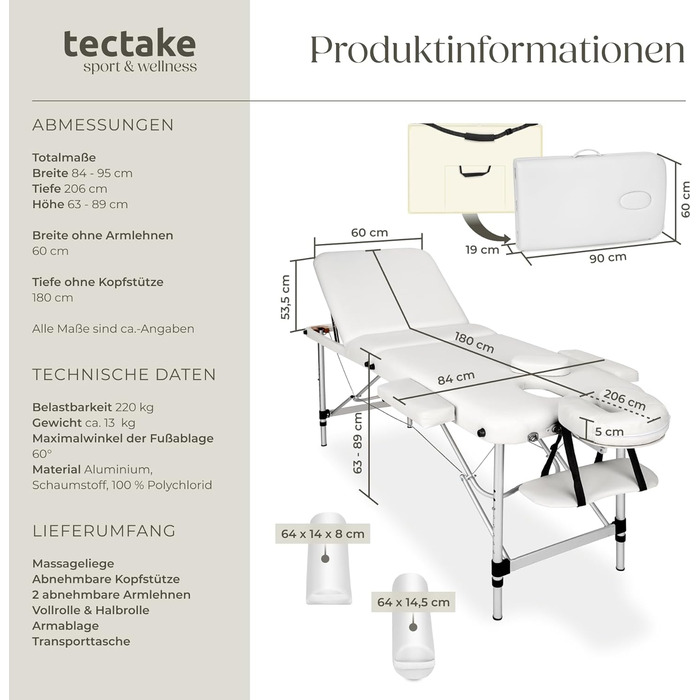 Масажний стіл Tectake® складний, регульований по висоті, з 3 зонами, для косметичних процедур, масажу, татуювання, з аксесуарами (сумка, ролики) - білий