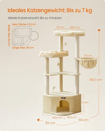 Дряпка для котів Feandrea, кігтеточка з лежаком, платформами та іграшками, 48,5 x 48,5 x 140,7 см, бежевий PCT009G01