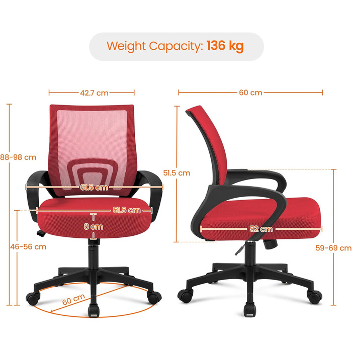 Офісне крісло Yaheetech ергономічне з сітчастою спинкою та підлокітниками, поворотне, для начальника, з функцією гойдання, регульоване по висоті, до 136 кг, червоне