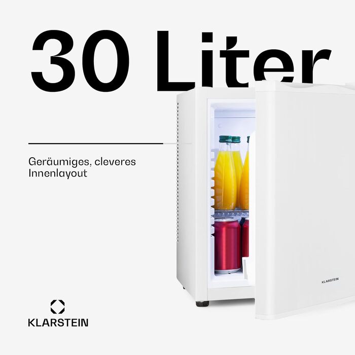 Міні-холодильник Klarstein 30л для напоїв та косметики, білий. Компактний міні-бар, тихий холодильник з регульованими полицями, 5-15°C