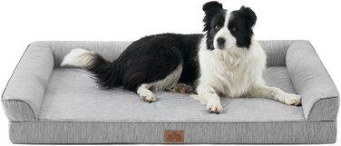 Ортопедичне ліжко для собак середніх порід COZY KISS знімний, пральний чохол – ліжко-диван з підтримуючого піноматеріалу з водонепроникними боковинами та неслизьким дном, сріблясто-сірий колір (XL(122x81x19см))