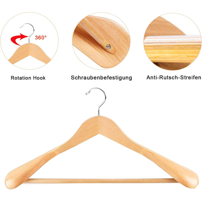 MECOREX Suit Hangers, 10-Piece Set, Solid Wood Clothes Hangers with Extra Wide Shoulders, Non-Slip, for Shirts, Coats, Jackets, Pants, Suits, 360° Swivel Hook (Natural Wood Color)
