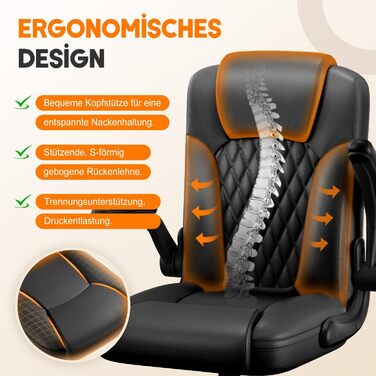 Ергономічне крісло для начальника, чорне, з PU-шкіри, для офісу та геймінгу, з ромбоподібним стежкою, S-подібною спинкою, регульована висота 48-58 см