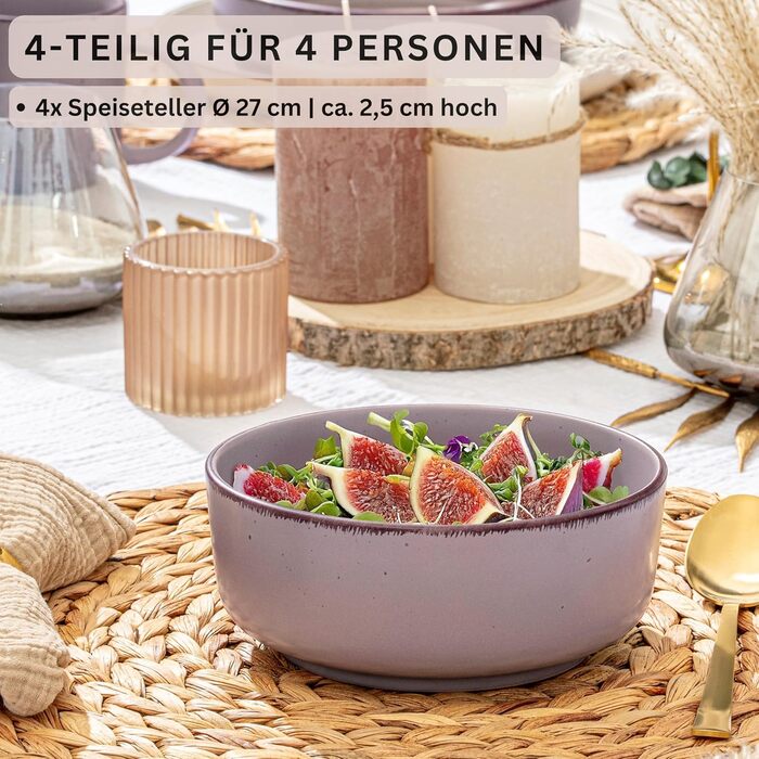 Набір мисок Sänger Bombay Basalt (4 шт.) з базальту, 700 мл: миски для мюслі, супів, салатів, для 4 осіб, стійкі до подряпин, мікрохвильової печі та посудомийної машини, фіолетовий колір