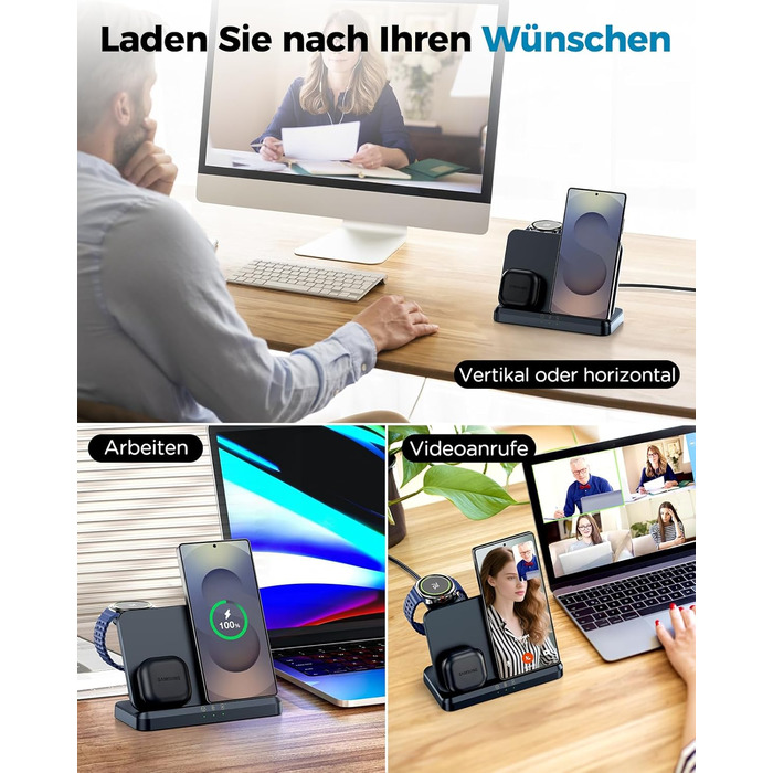 Бездротова зарядка EGV 3-в-1 для Samsung Galaxy S25 Ultra/S24/S23, Z Fold/Flip 7/6, Buds, Watch Ultra/8/7, знімний адаптер, чорний