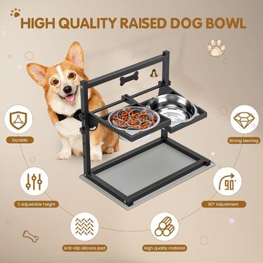 Підвищена годівниця для собак Sunowl, регульована висота та кут, 2 миски, нержавіюча сталь, повільне годування, антиковзаюча підставка