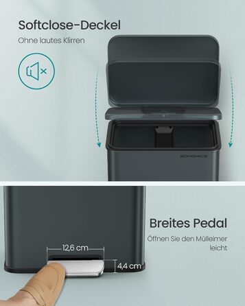 Відро для сміття SONGMICS 40 л з педаллю, сталеве, Softclose, сірий антрацит, з мішками (LTB540A02)