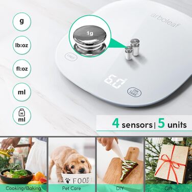 Кухонні ваги Arboleaf Digital з App, 10kg/0.5g, Bluetooth, підрахунок калорій, USB-зарядка, скло, функція тарування (білий)
