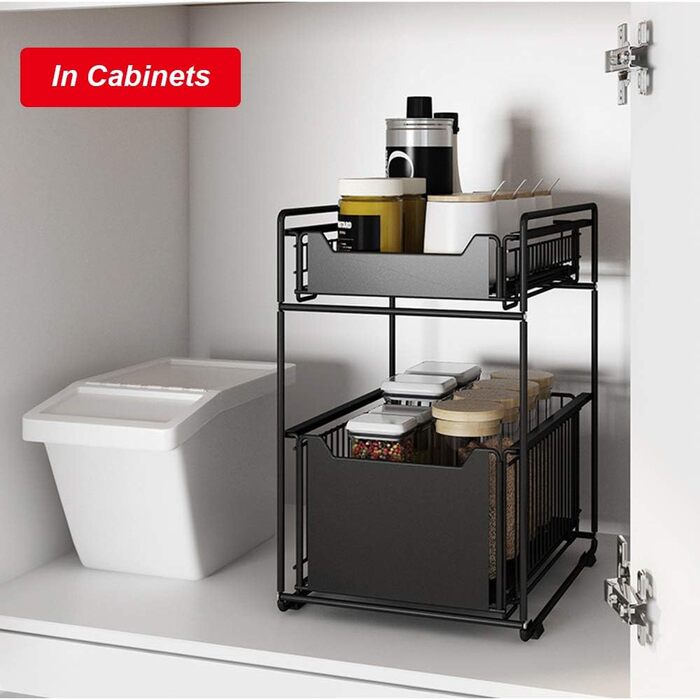 Under-Cabinet Organizer with 2 Tiers, Adjustable Height, with Wooden Handle, Pull-Out Metal Basket for Kitchen and Bathroom (Black)