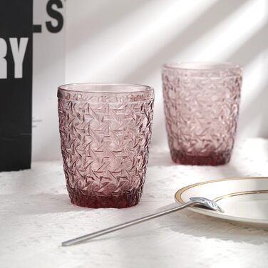 Joeyan 300ml Rosa Wassergläser Vintage, Colored Drinking Glasses with Embossed Design, Colored Glasses Set of 6, Dishwasher Safe