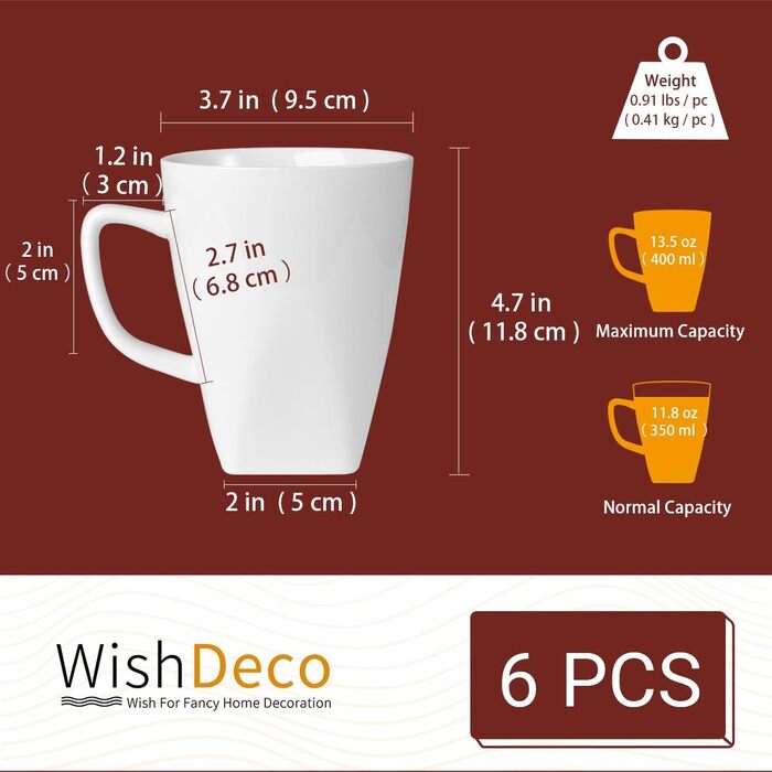 Набір кавових чашок WishDeco 6 шт., порцеляна, білий колір, 400 мл, з ручкою, для кави, чаю, капучино, молока, гарячих напоїв, квадратна основа