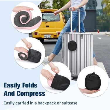 Подушка для шиї у літак, доросла, з піною з пам'яті, регульована, компактна, ергономічна, м'яка, дихаюча, з навушниками, маскою для сну, чохлом (Рожева)