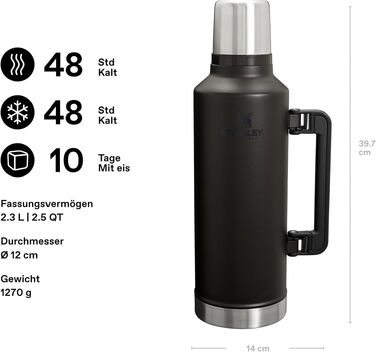 Термос STANLEY 1913 Classic Legendary 2.3л, герметичний, сталевий (чорний) — зберігає тепло та холод до 24 годин