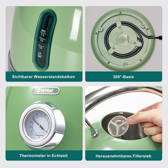 Ретро чайник з нержавіючої сталі, електрочайник та тостер-сет, 2200 Вт, 1,8 л, для чаю, кави, дитячого харчування, без BPA. Зелений вінтажний дизайн