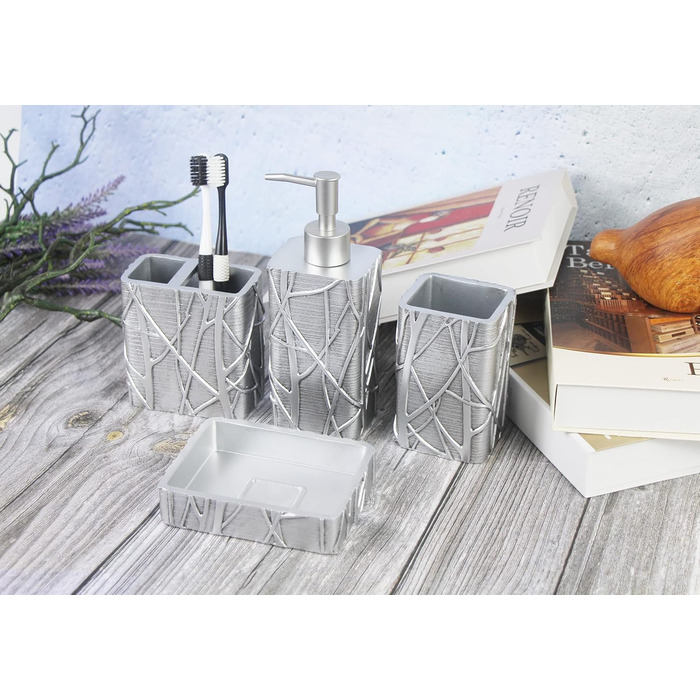 Набір аксесуарів для ванної кімнати Hymmah, золотий дизайн, 4 предмети: тримач для зубних щіток, мильниця, дозатор мила, чашка для зубних щіток. Стиль: фермерський дім, індустріальний. Матеріал: високоякісна смола. Чудовий подарунок для дому.