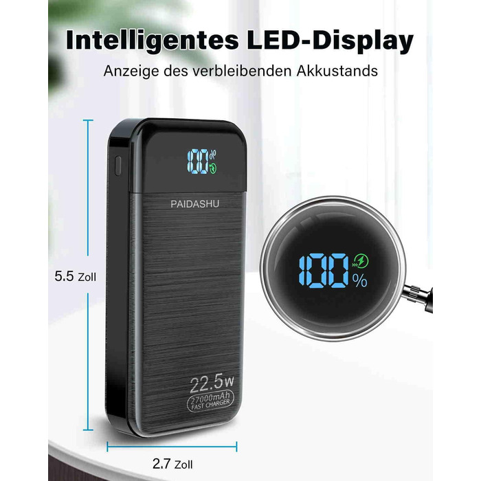 Портативний зарядний акумулятор Power Bank 27000mAh 22.5W з LCD дисплеєм, 1 USB-C, 2 USB-A для смартфонів, планшетів, подорожей та кемпінгу