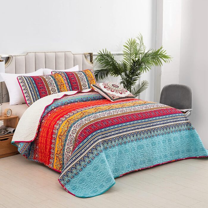 WONGS BEDDING Quilt Set 220x240 Bedspread Bohemian Throw Blanket Stepped Quilt 3-Piece Double Bed Quilted Bedspread Microfiber Living Room Blanket with 2 Pillowcases 50x70 for Bedroom as Sofa Throw (Bohemian)