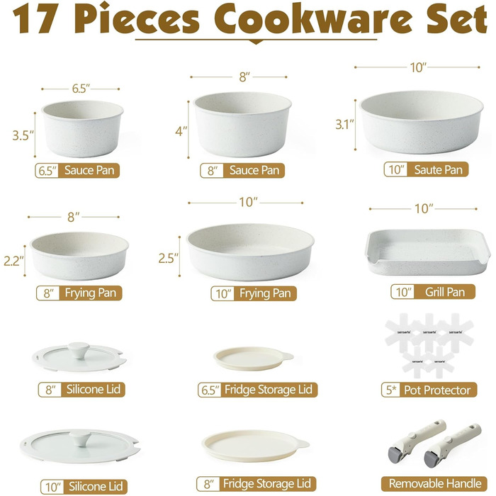SENSARTE 17-Piece Cookware Set - Nonstick Pots and Pans with Removable Handles - Induction, Dishwasher & Oven Safe - Healthy RV Cookware Set