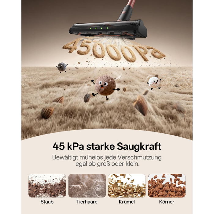 Бездротовий акумуляторний пилосос Vexilar V10PRO 6-в-1 з LED, потужність 450W, час роботи 45 хв, сила всмоктування 45000Pa. Підходить для твердих поверхонь, килимів та видалення шерсті тварин. Компактний, легкий, з телескопічною трубою. Колір: Рожевий.