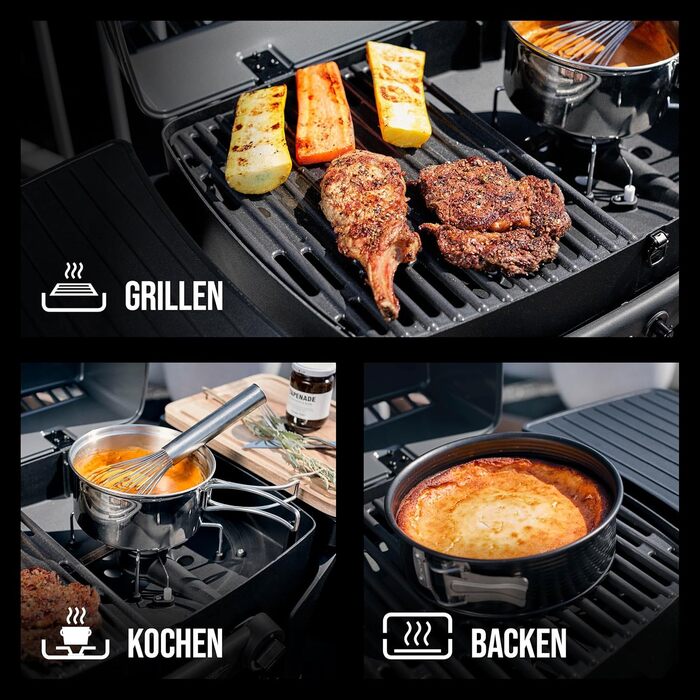 Enders® Gas Grill URBAN, Table Grill, Grilling, Cooking, and Baking Function, 2 Stainless Steel Burners, Small, with Grill Thermometer, Balcony, Camping Grill, Aluminum Die-Cast Housing, Cast Iron Grate, #2095
