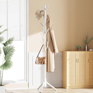 Freestanding Coat Rack with 3 Adjustable Heights & 8 Hooks, Sturdy Wooden Clothes Rack for Clothing, Hat, Used in Bedroom/Office/Entryway, White