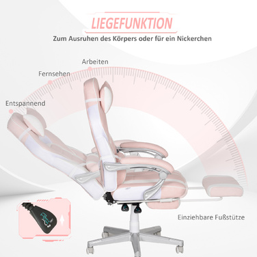 HOMCOM Gaming Chair with Footrest, Height-Adjustable Desk Chair with Head and Lumbar Cushion, Swivel Gaming Recliner with Adjustable Backrest, Faux Leather, Up to 120 kg, Pink | Aosom