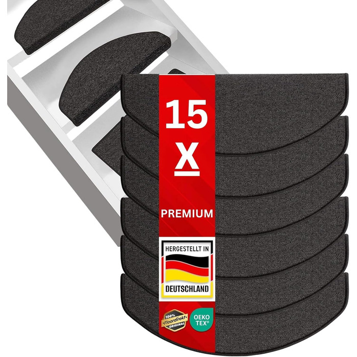 Casa Pura килимок на сходи 15 шт. в наборі, 11 кольорів, міцне кріплення, стабільна кутова рейка (антрацит)