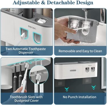 Automatic Toothpaste Dispenser, DENSAIL Toothbrush Holder Wall Mount with Dustproof Cover and 2 Toothpaste Dispensers, 2 Electric Toothbrush Holders, and 4 Toothbrush Organizer Slots (2 Dispensers + 2 Cups)
