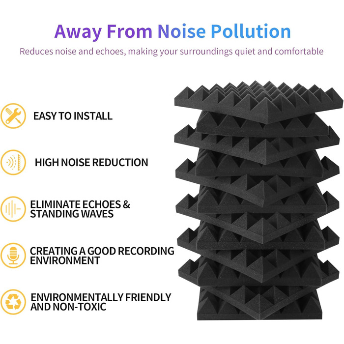 Акустичний поролон для шумоізоляції стін, панелі зі звукопоглинаючого пінопласту високої щільності для студії запису, офісу та танцювального залу, 30x30x5 см, 12 шт.